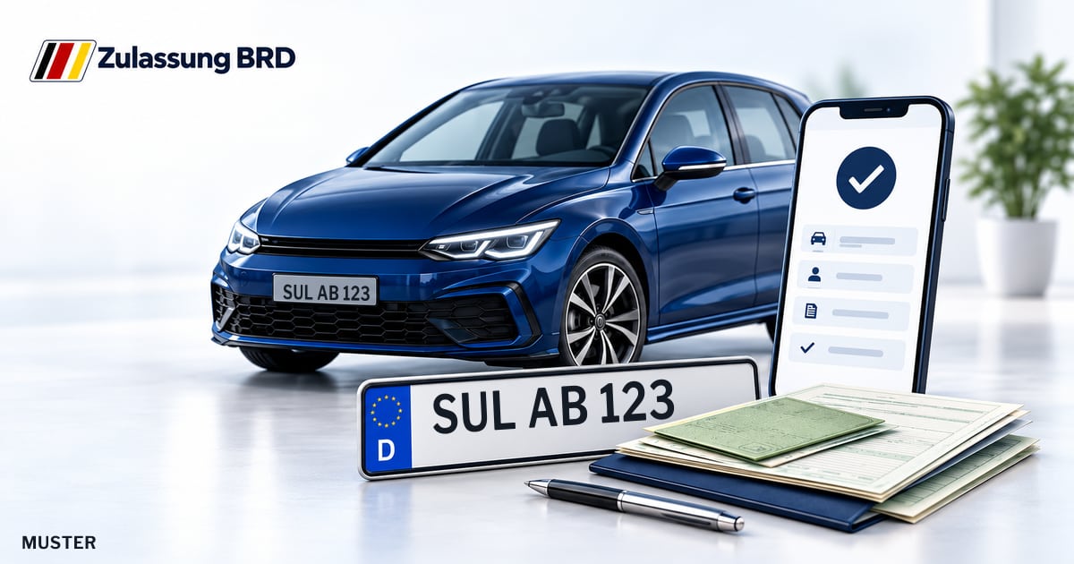 Online Fahrzeugzulassung in Sulzbach-Rosenberg: Musterkennzeichen SUL AB 123, Auto und Fahrzeugpapiere und Smartphone. Illustration mit Logo von Zulassung BRD.